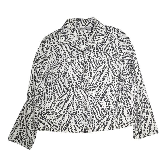 Vtg 1990s Chico's Design White Black Cotton Denim Giraffe Print Jacket 1 M - Picture 1 of 4